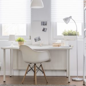 Picture of simple white study area in teenager room
